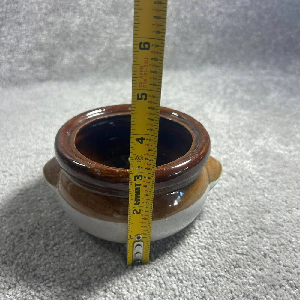 Bean Pot Brown Tan Cream Stoneware Mini Crocks Set of 2 with 1 Lid